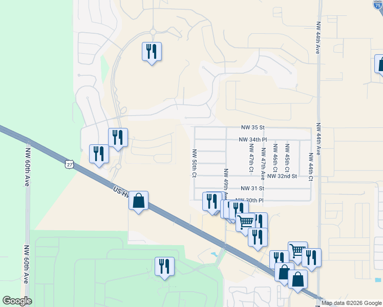 map of restaurants, bars, coffee shops, grocery stores, and more near 3332 Northwest 50th Court in Ocala