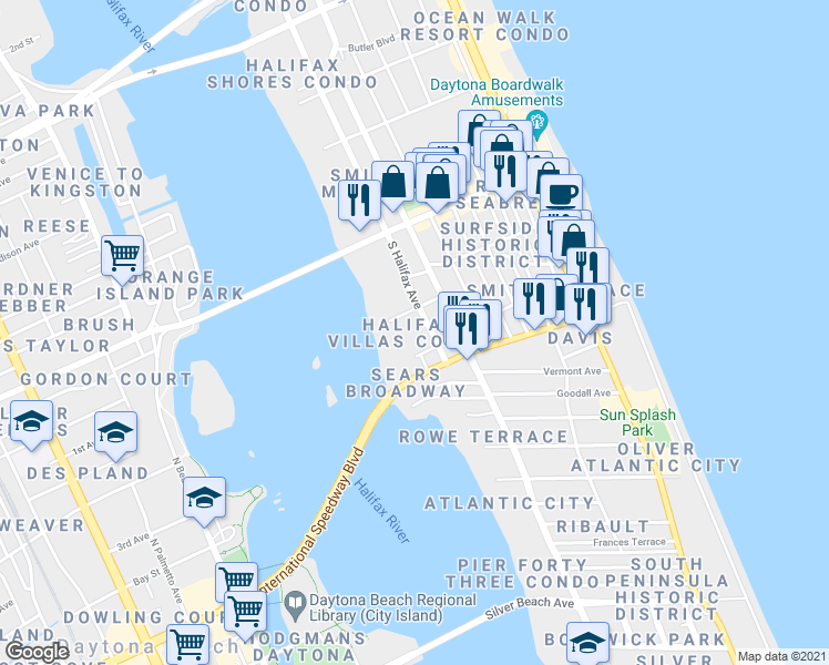 map of restaurants, bars, coffee shops, grocery stores, and more near 149 South Halifax Avenue in Daytona Beach