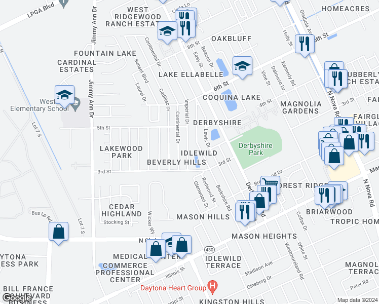 map of restaurants, bars, coffee shops, grocery stores, and more near 1034 Berkshire Road in Daytona Beach