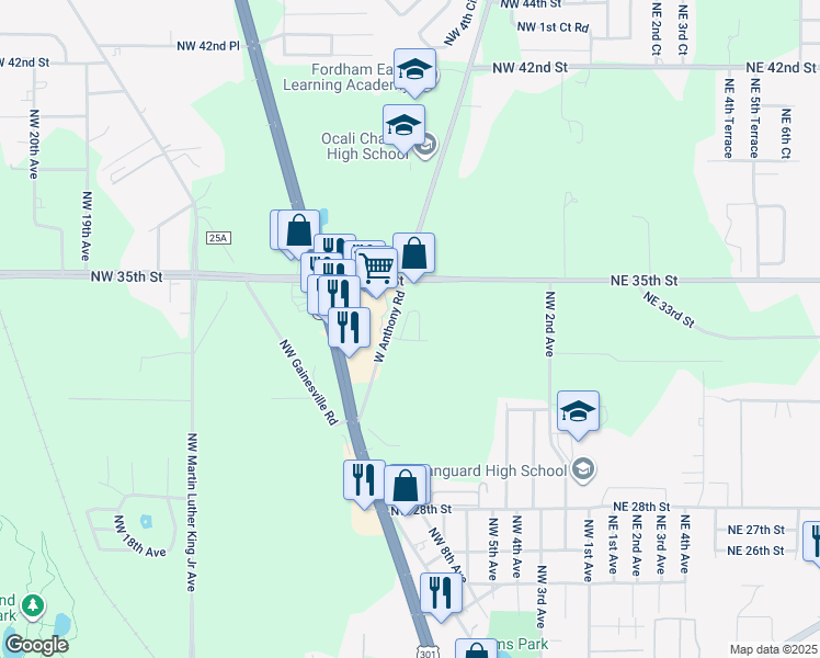 map of restaurants, bars, coffee shops, grocery stores, and more near 3435 North Pine Avenue in Ocala