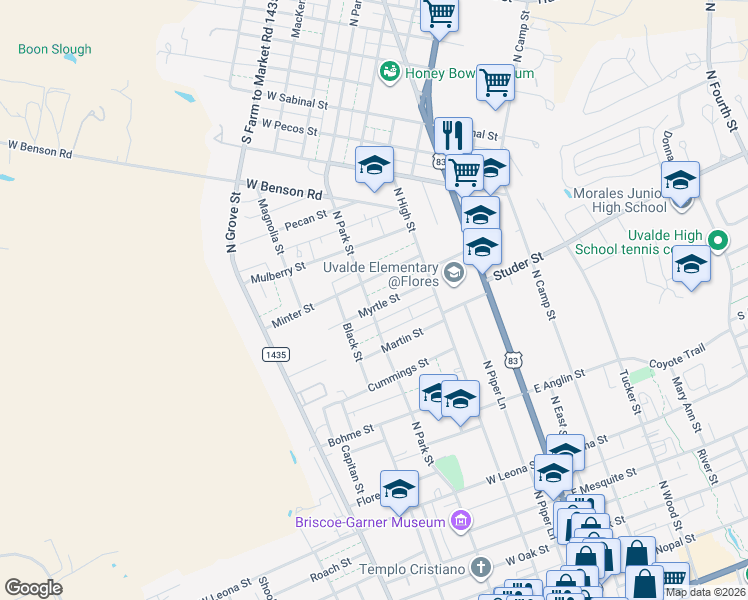 map of restaurants, bars, coffee shops, grocery stores, and more near 1017 North Park Street in Uvalde
