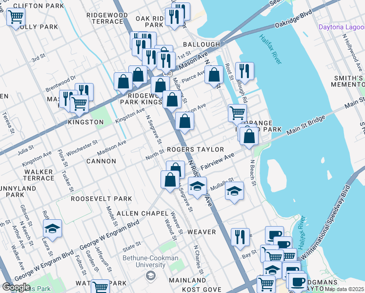 map of restaurants, bars, coffee shops, grocery stores, and more near 558 North Ridgewood Avenue in Daytona Beach