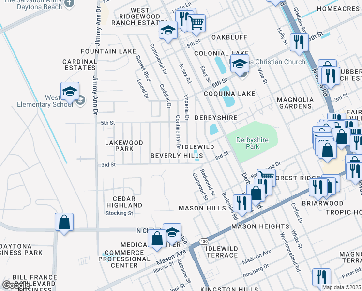 map of restaurants, bars, coffee shops, grocery stores, and more near 1029 Continental Drive in Daytona Beach