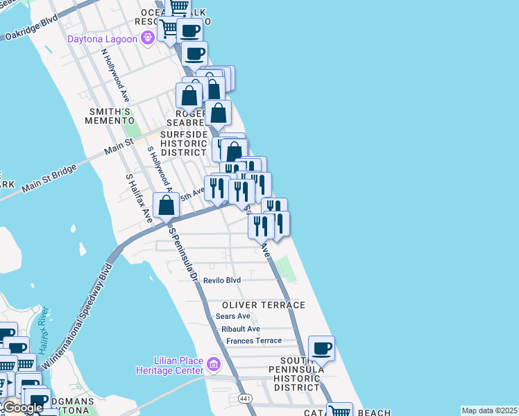 map of restaurants, bars, coffee shops, grocery stores, and more near 313 South Atlantic Avenue in Daytona Beach