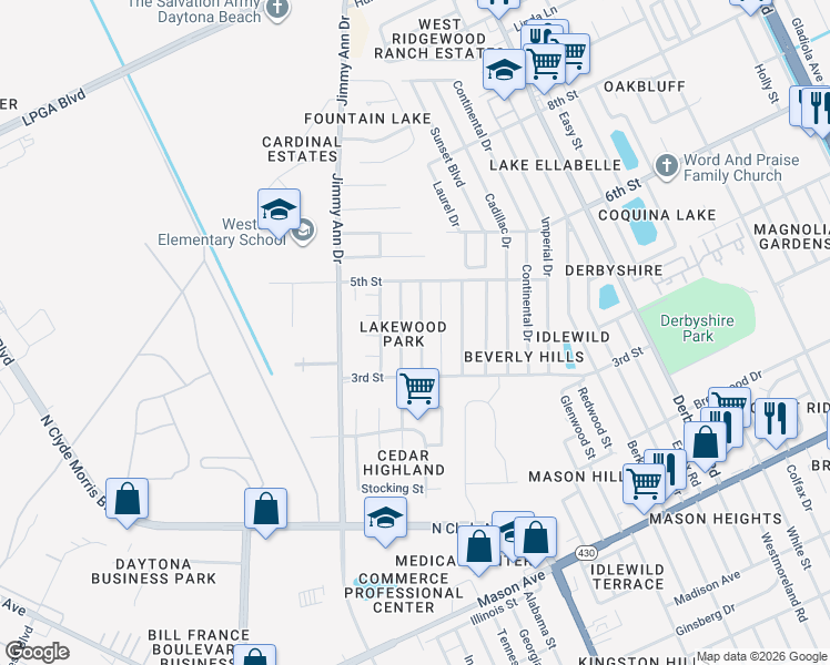 map of restaurants, bars, coffee shops, grocery stores, and more near 1022 Alice Drive in Daytona Beach