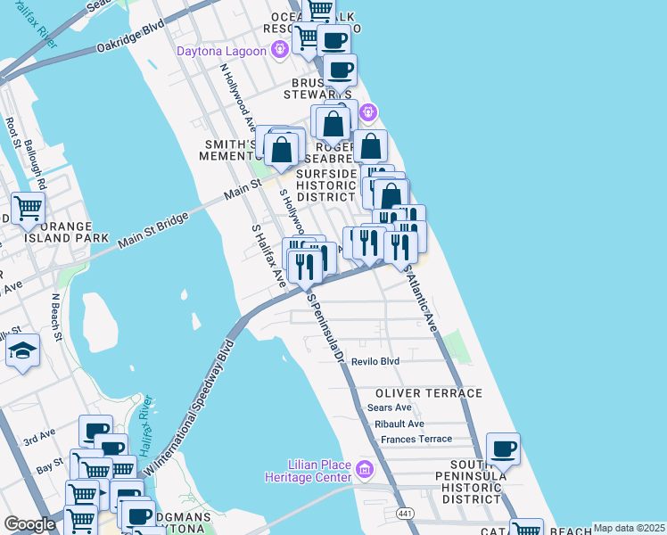 map of restaurants, bars, coffee shops, grocery stores, and more near 214 South Oleander Avenue in Daytona Beach