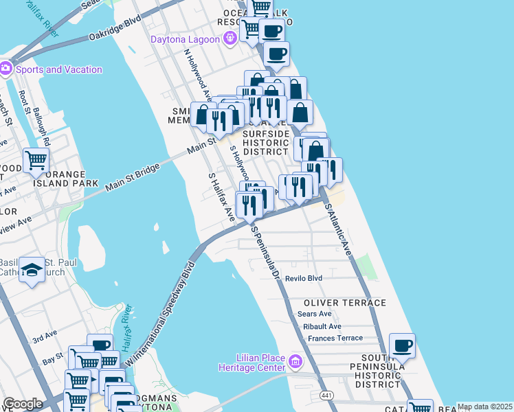 map of restaurants, bars, coffee shops, grocery stores, and more near 306 5th Avenue in Daytona Beach