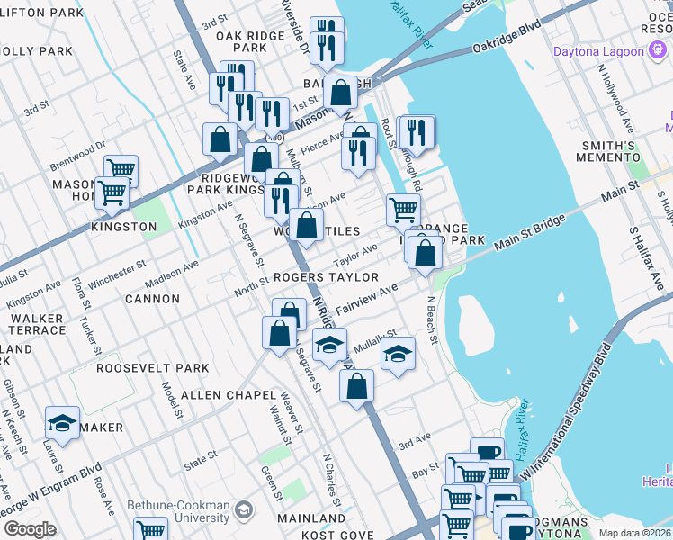 map of restaurants, bars, coffee shops, grocery stores, and more near 209 Taylor Avenue in Daytona Beach