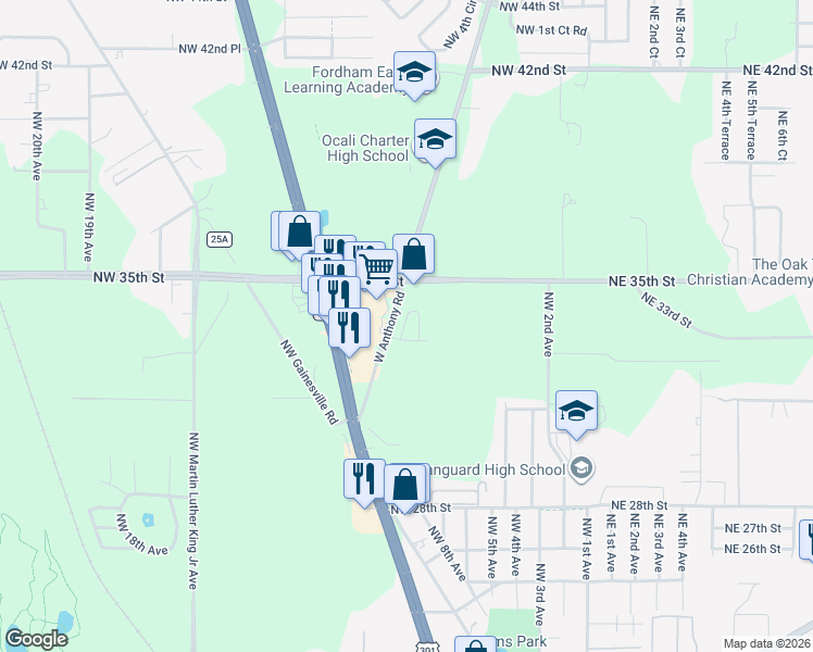 map of restaurants, bars, coffee shops, grocery stores, and more near 3435 North Pine Avenue in Ocala