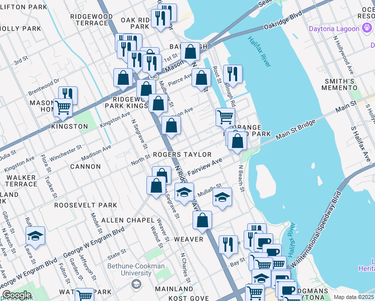 map of restaurants, bars, coffee shops, grocery stores, and more near 209 Taylor Avenue in Daytona Beach