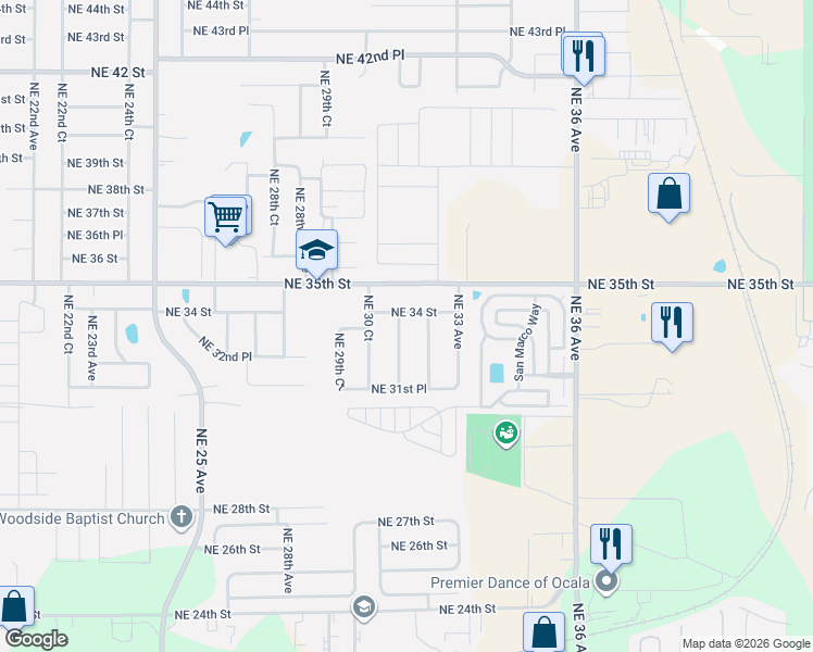 map of restaurants, bars, coffee shops, grocery stores, and more near 3363 Northeast 31st Avenue in Ocala