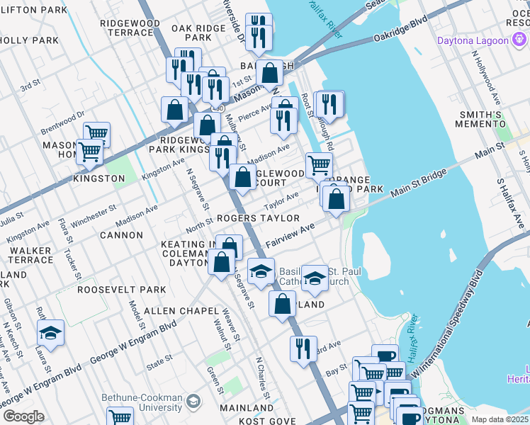 map of restaurants, bars, coffee shops, grocery stores, and more near 209 Taylor Avenue in Daytona Beach