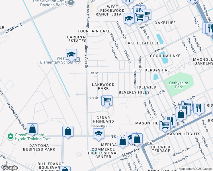 map of restaurants, bars, coffee shops, grocery stores, and more near 1022 Alice Drive in Daytona Beach
