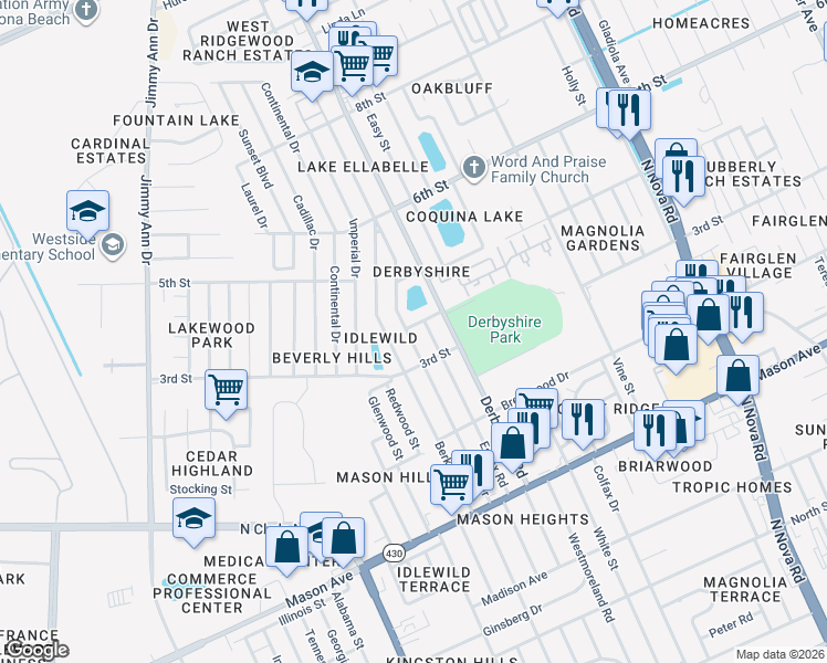 map of restaurants, bars, coffee shops, grocery stores, and more near 1021 Lewis Drive in Daytona Beach