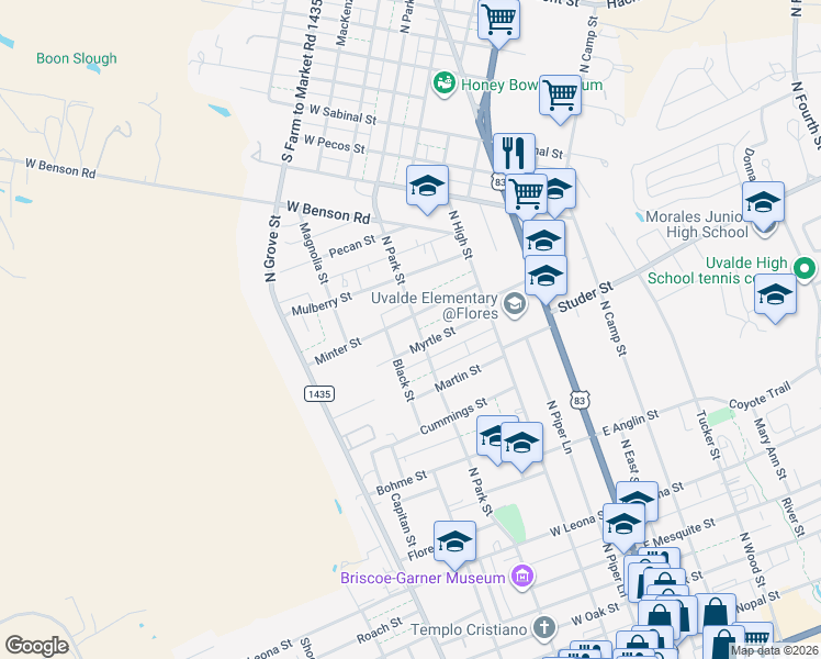 map of restaurants, bars, coffee shops, grocery stores, and more near 1017 North Park Street in Uvalde