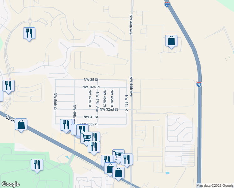 map of restaurants, bars, coffee shops, grocery stores, and more near 3362 Northwest 44th Terrace in Ocala