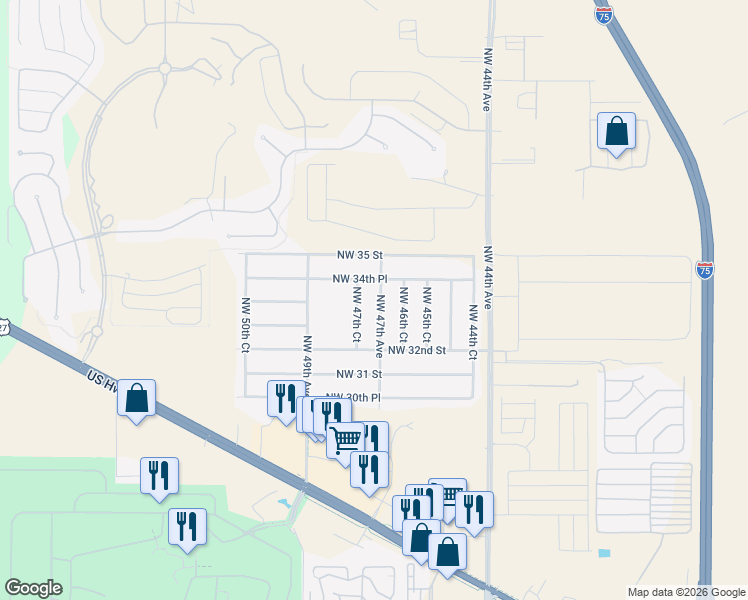 map of restaurants, bars, coffee shops, grocery stores, and more near 3354 Northwest 47th Avenue in Ocala