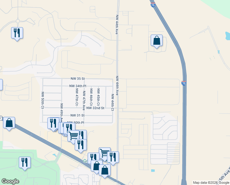 map of restaurants, bars, coffee shops, grocery stores, and more near 3361 Northwest 44th Court in Ocala