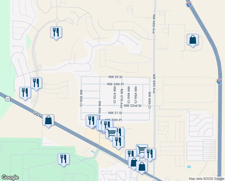 map of restaurants, bars, coffee shops, grocery stores, and more near 3352 NW 47th Ct in Ocala