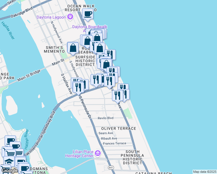 map of restaurants, bars, coffee shops, grocery stores, and more near 730 East International Speedway Boulevard in Daytona Beach