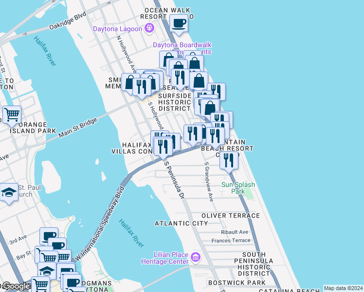 map of restaurants, bars, coffee shops, grocery stores, and more near 214 South Oleander Avenue in Daytona Beach