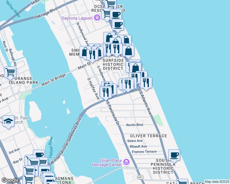 map of restaurants, bars, coffee shops, grocery stores, and more near 214 South Oleander Avenue in Daytona Beach