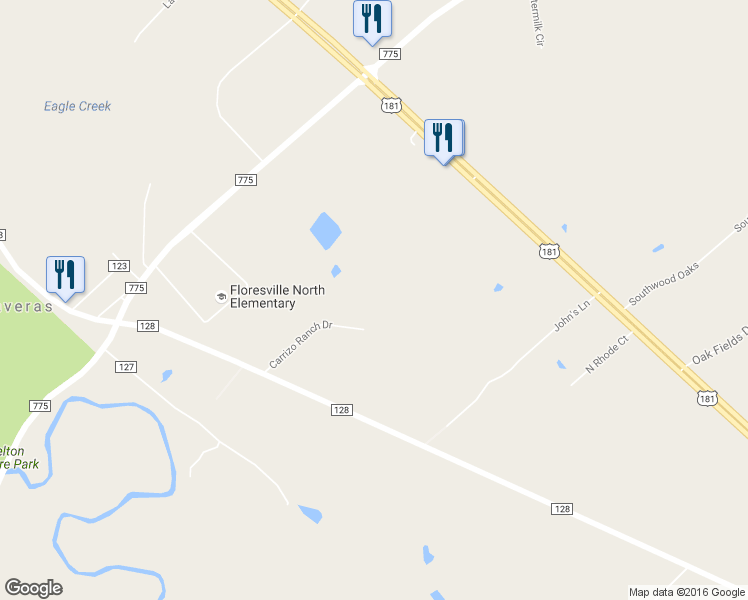 map of restaurants, bars, coffee shops, grocery stores, and more near 104 Carrizo Ridge in Floresville