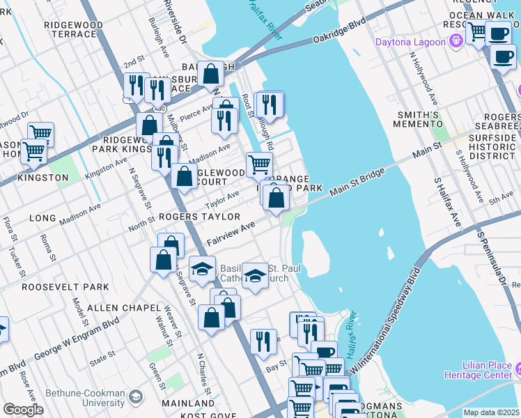 map of restaurants, bars, coffee shops, grocery stores, and more near 512 North Beach Street in Daytona Beach