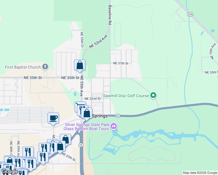 map of restaurants, bars, coffee shops, grocery stores, and more near 3360 Northeast 58th Avenue in Silver Springs
