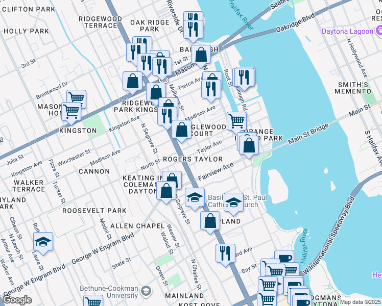 map of restaurants, bars, coffee shops, grocery stores, and more near 209 Taylor Avenue in Daytona Beach