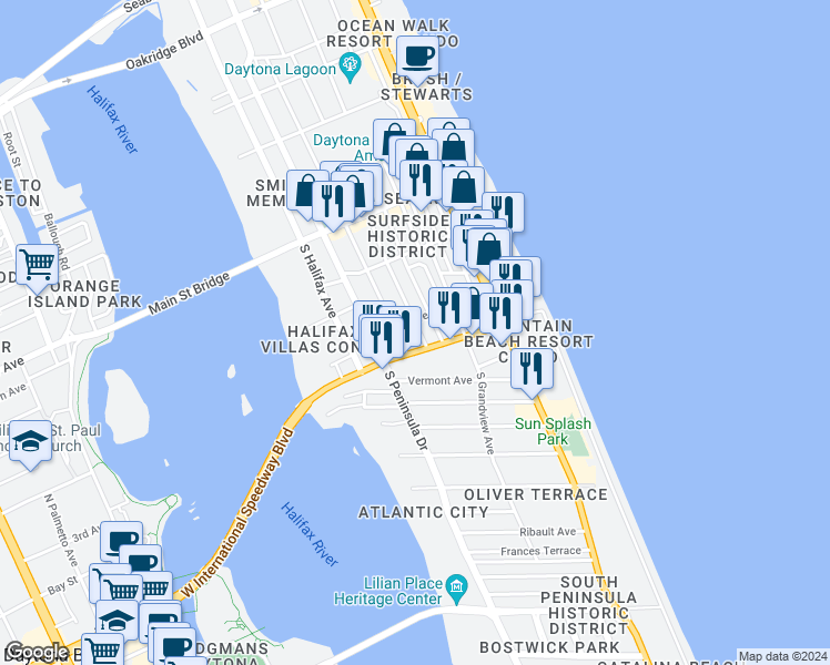 map of restaurants, bars, coffee shops, grocery stores, and more near 214 South Oleander Avenue in Daytona Beach