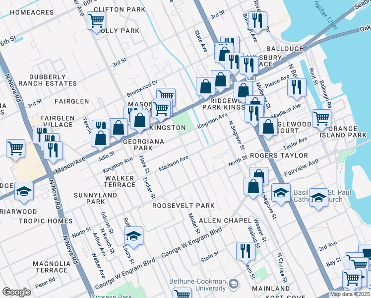 map of restaurants, bars, coffee shops, grocery stores, and more near 708 Washington Street in Daytona Beach