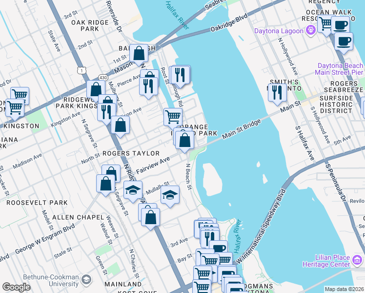 map of restaurants, bars, coffee shops, grocery stores, and more near 450 Ballough Road in Daytona Beach