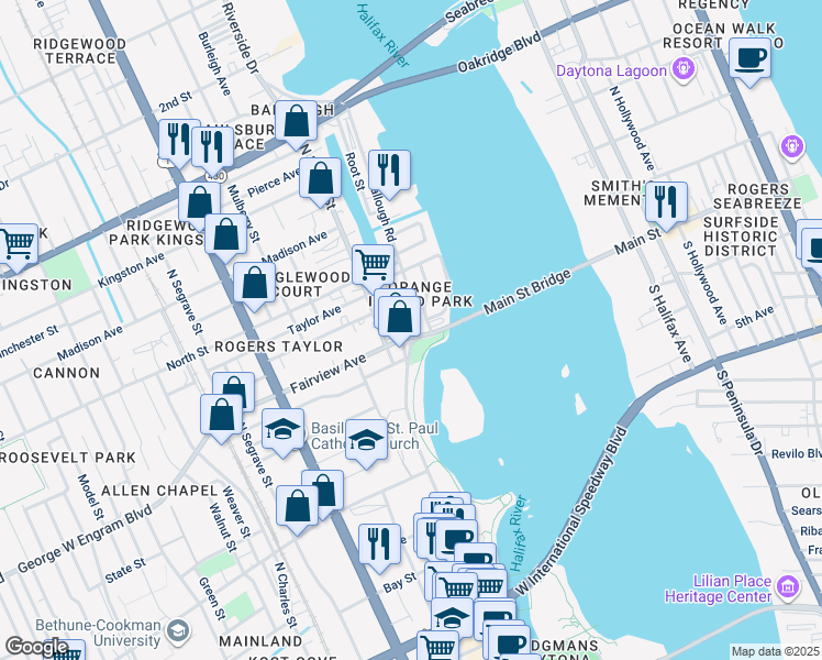 map of restaurants, bars, coffee shops, grocery stores, and more near 450 Ballough Road in Daytona Beach