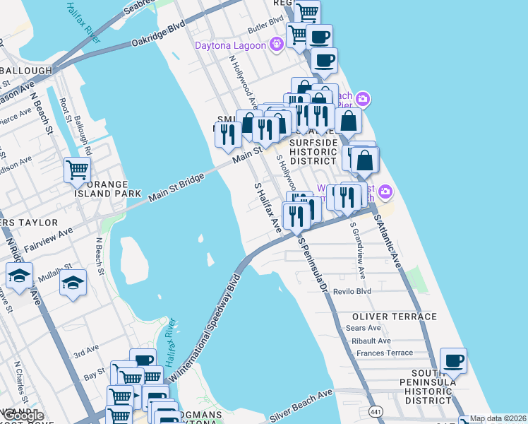 map of restaurants, bars, coffee shops, grocery stores, and more near 144 South Halifax Avenue in Daytona Beach
