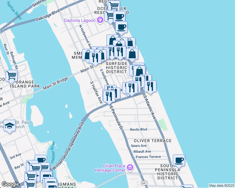 map of restaurants, bars, coffee shops, grocery stores, and more near 214 South Oleander Avenue in Daytona Beach
