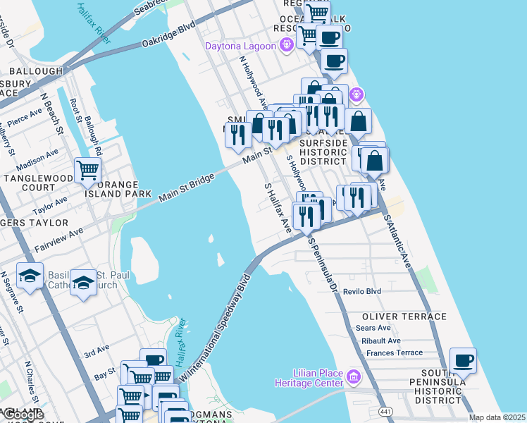 map of restaurants, bars, coffee shops, grocery stores, and more near 100 Mitchell Place in Daytona Beach