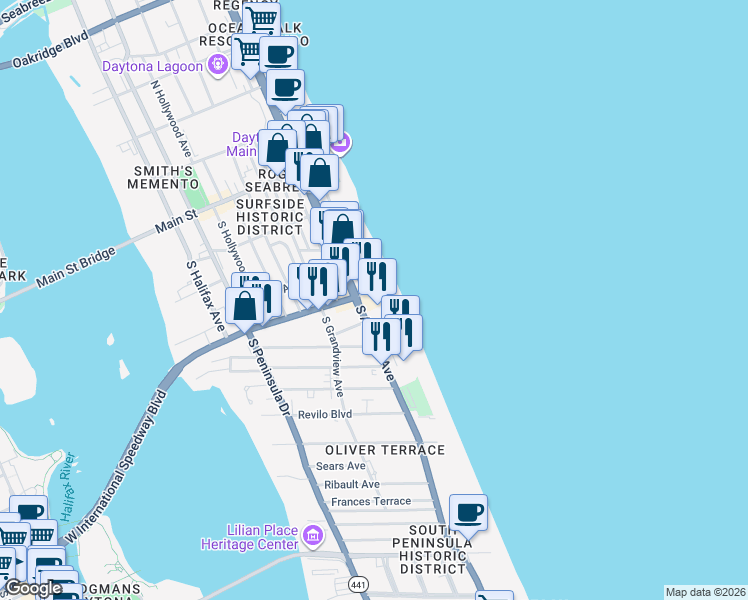 map of restaurants, bars, coffee shops, grocery stores, and more near 313 South Atlantic Avenue in Daytona Beach