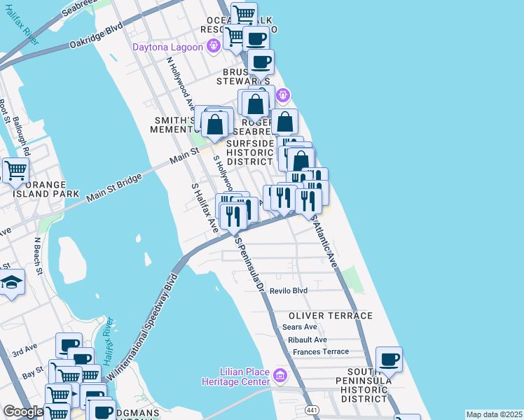 map of restaurants, bars, coffee shops, grocery stores, and more near 214 South Oleander Avenue in Daytona Beach