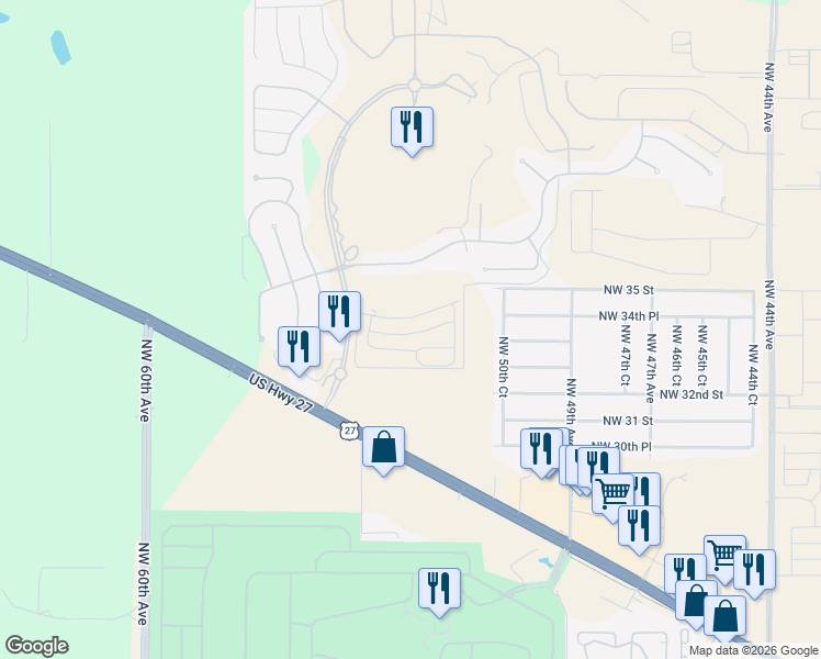 map of restaurants, bars, coffee shops, grocery stores, and more near 5323 Northwest 33rd Place in Ocala
