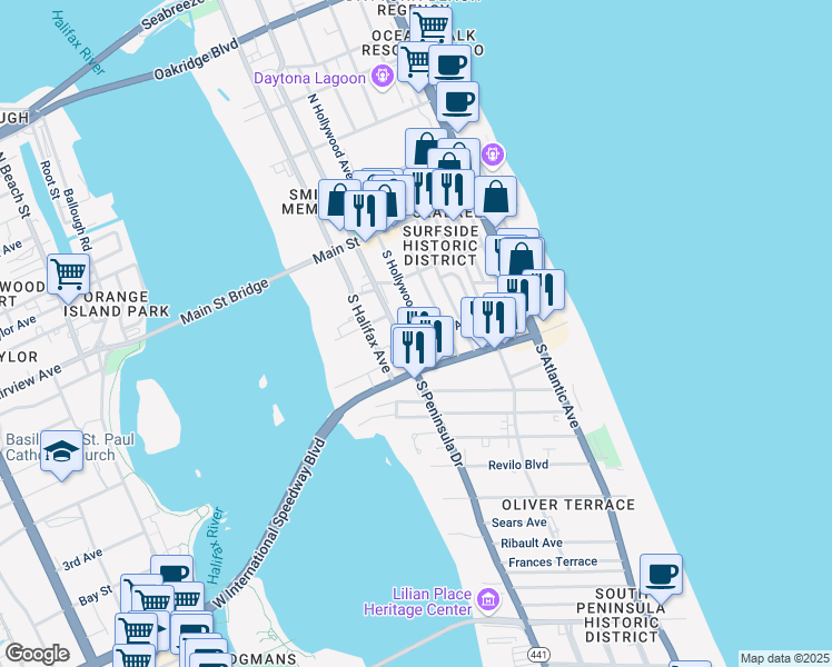 map of restaurants, bars, coffee shops, grocery stores, and more near 306 5th Avenue in Daytona Beach