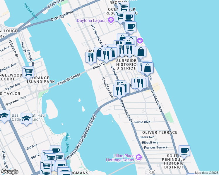 map of restaurants, bars, coffee shops, grocery stores, and more near 149 South Halifax Avenue in Daytona Beach