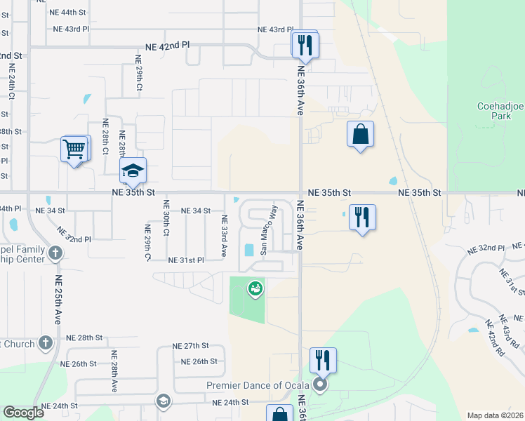 map of restaurants, bars, coffee shops, grocery stores, and more near Palo Verde in Ocala