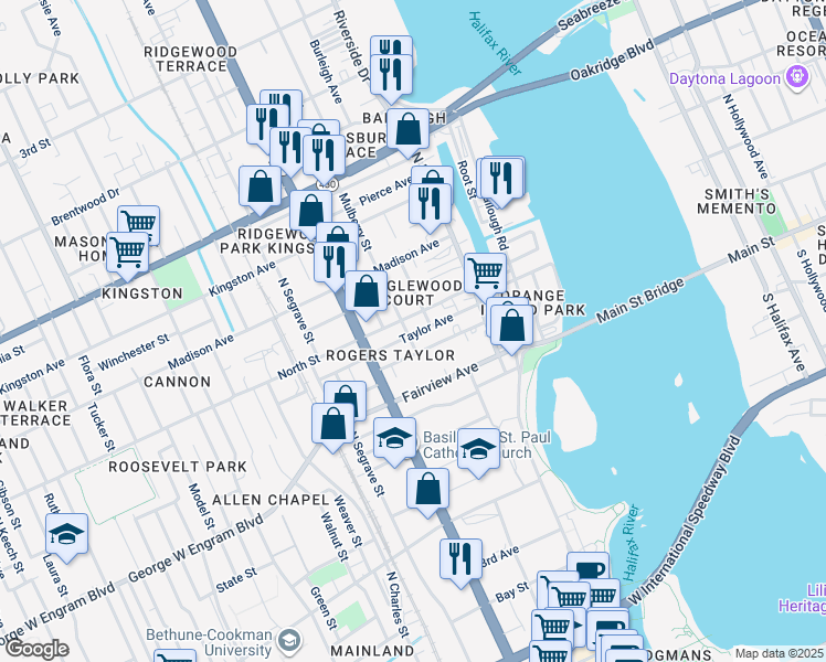 map of restaurants, bars, coffee shops, grocery stores, and more near 549 Mulberry Street in Daytona Beach