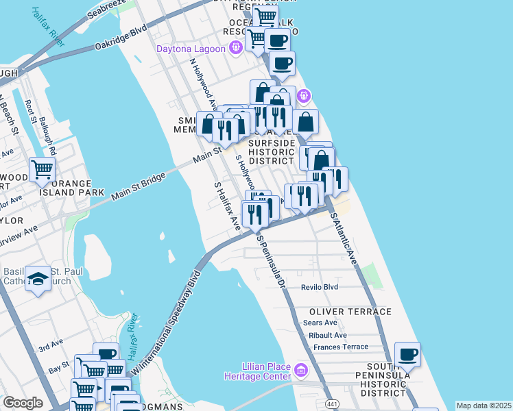 map of restaurants, bars, coffee shops, grocery stores, and more near 306 5th Avenue in Daytona Beach