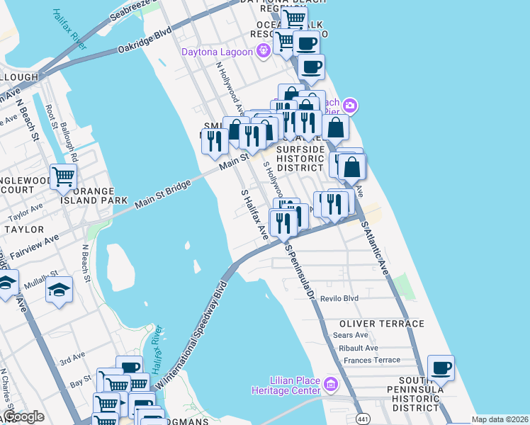 map of restaurants, bars, coffee shops, grocery stores, and more near 149 South Halifax Avenue in Daytona Beach