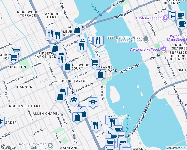 map of restaurants, bars, coffee shops, grocery stores, and more near 512 North Beach Street in Daytona Beach