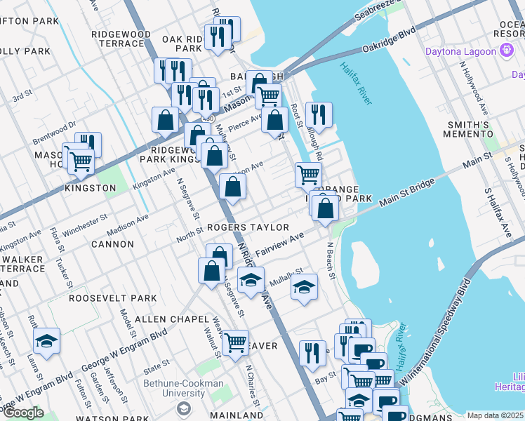 map of restaurants, bars, coffee shops, grocery stores, and more near 209 Taylor Avenue in Daytona Beach