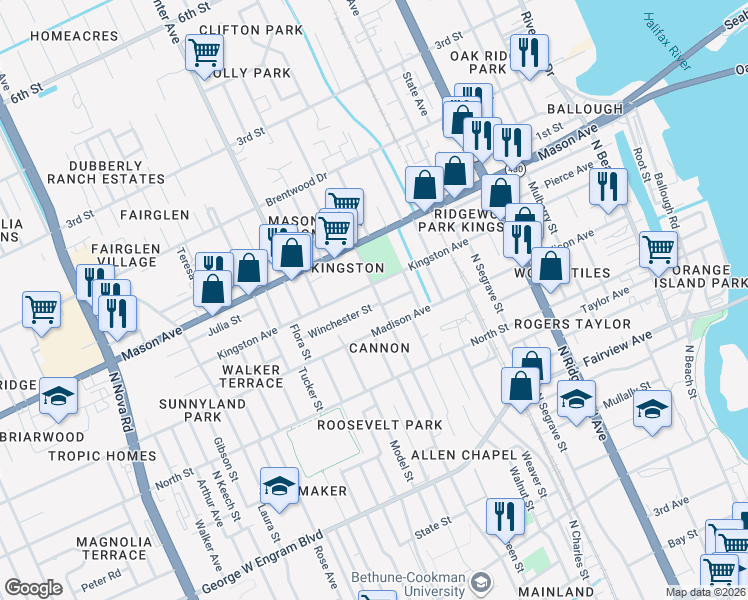 map of restaurants, bars, coffee shops, grocery stores, and more near 708 Washington Street in Daytona Beach