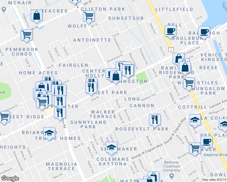 map of restaurants, bars, coffee shops, grocery stores, and more near 810 Forest Lane in Daytona Beach